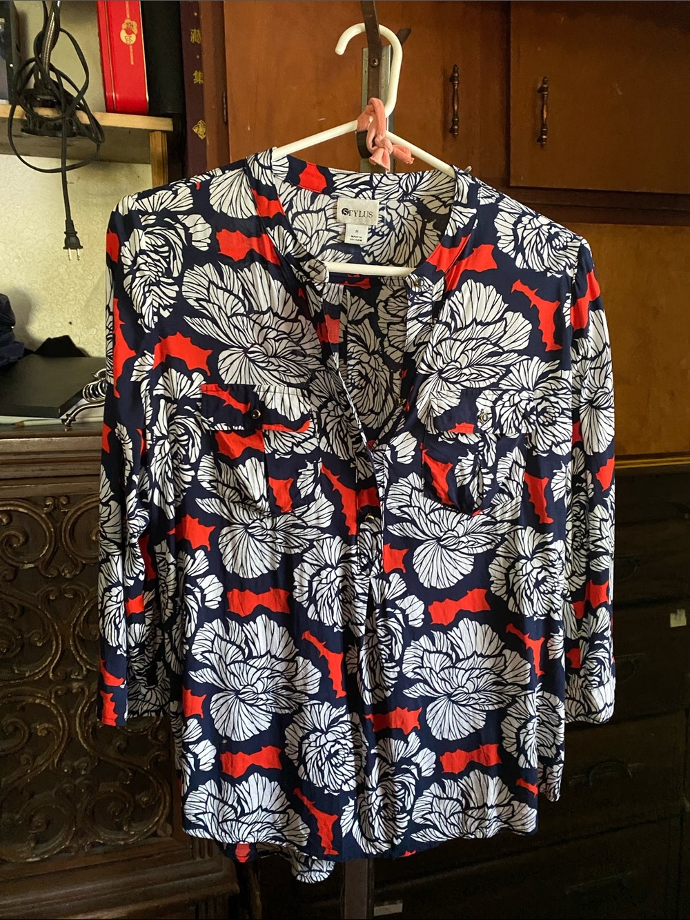 STYLUS Navy Floral Button-Down Top with White and Red Print